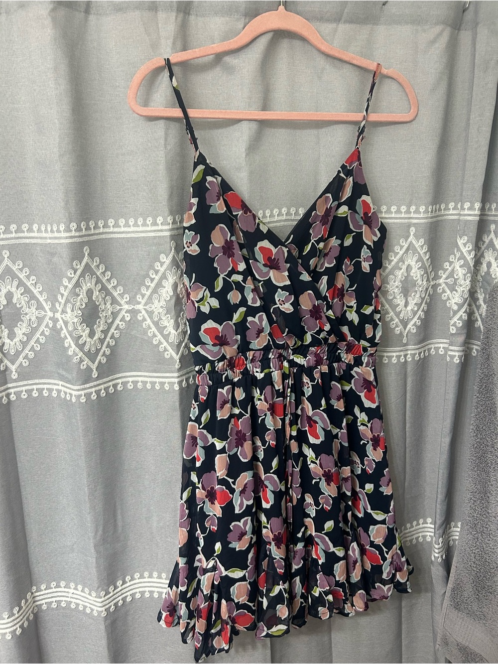Blue Rain Navy Floral Wrap Mini Dress with Spaghetti Straps